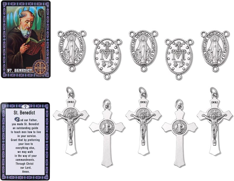 Brilucky 10 Pcs St Benedict Medals Cross Charms and Virgin Mary Rosary Centerpieces for Rosary Making Supplies,Medalla De La Virgen Milagrosa Catolica with Saint Benedict for Necklaces Pendant Rosary Kit - Image 1
